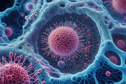 detailed microscopic view of cells, ideal for illustrating viruses and bacteria. This medical and healthcare illustration is perfect for pharmaceutical and medical device marketing