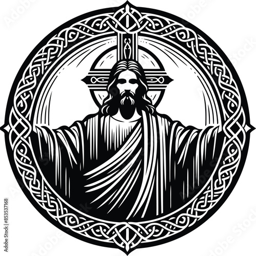 jesus in silhouete with celtic knot pattern illustration