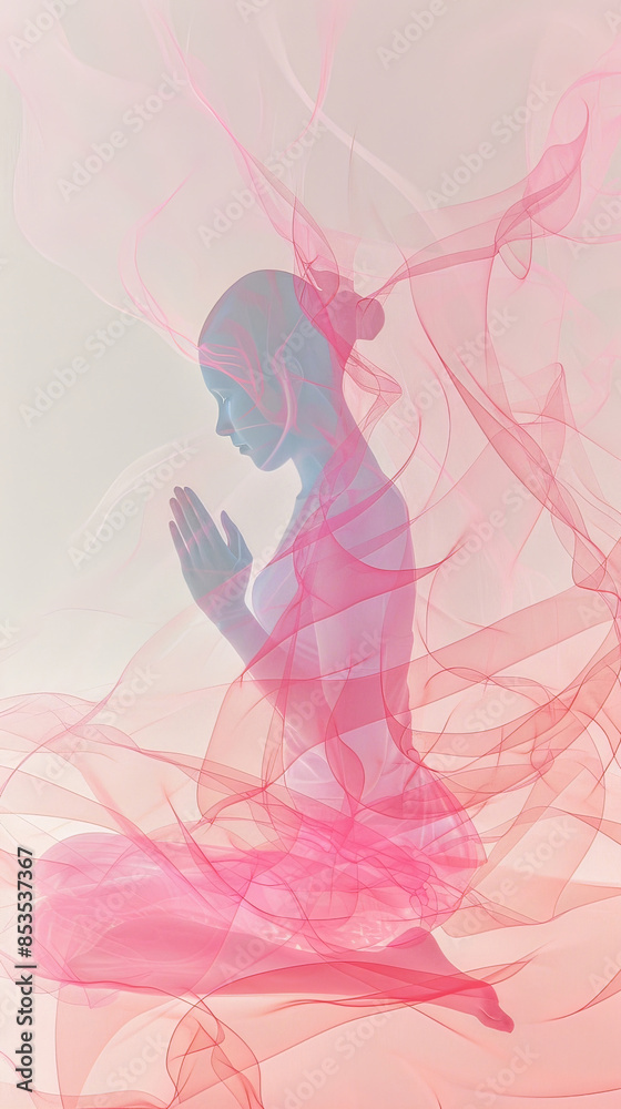 A woman is sitting cross legged with her hands clasped in front of her, praying A woman is sitting cross legged with her hands clasped in front of her, praying