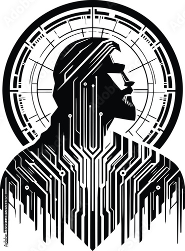 jesus silhouete with cyberpunk pattern illustration