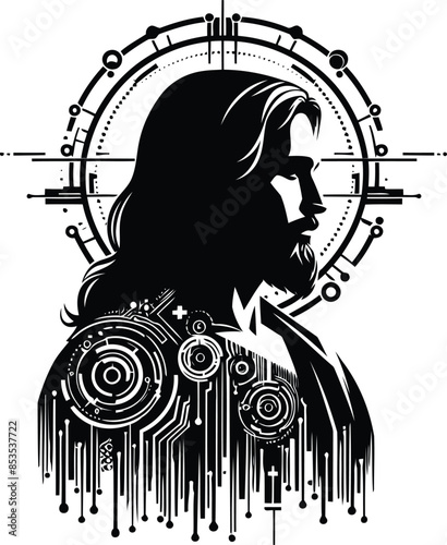 jesus silhouete with cyberpunk pattern illustration