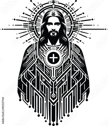 jesus silhouete with cyberpunk pattern illustration