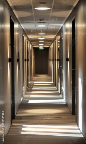 Empty office corridor with overhead lights casting shadows