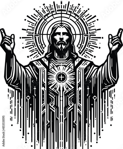 jesus silhouete with cyberpunk pattern illustration