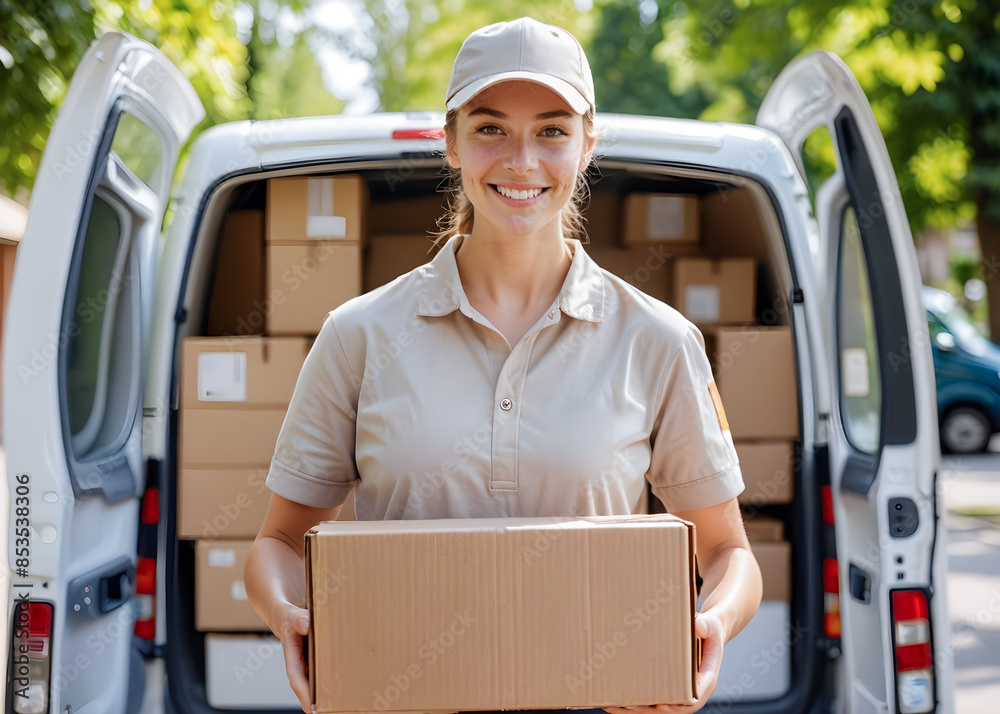 Smiling Delivery Driver Holding Package by Van Smiling Delivery Driver Holding Package by Van