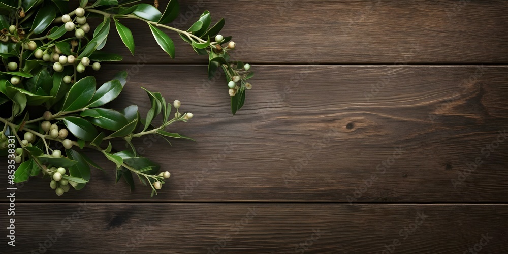 High-resolution HDR top view photograph of mistletoe on a wooden background. Concept Nature Photography, Wooden Textures, Mistletoe Plant, High Resolution, Top Down View High-resolution HDR top view photograph of mistletoe on a wooden background. Concept Nature Photography, Wooden Textures, Mistletoe Plant, High Resolution, Top Down View