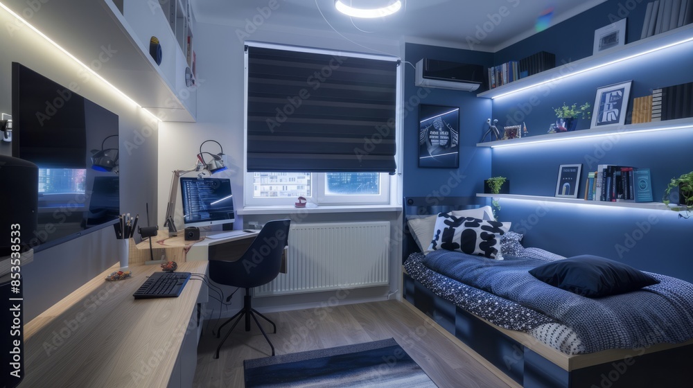 Real photo of teenager’ bedroom interior with dark blue and light white color theme. Minimalist interior