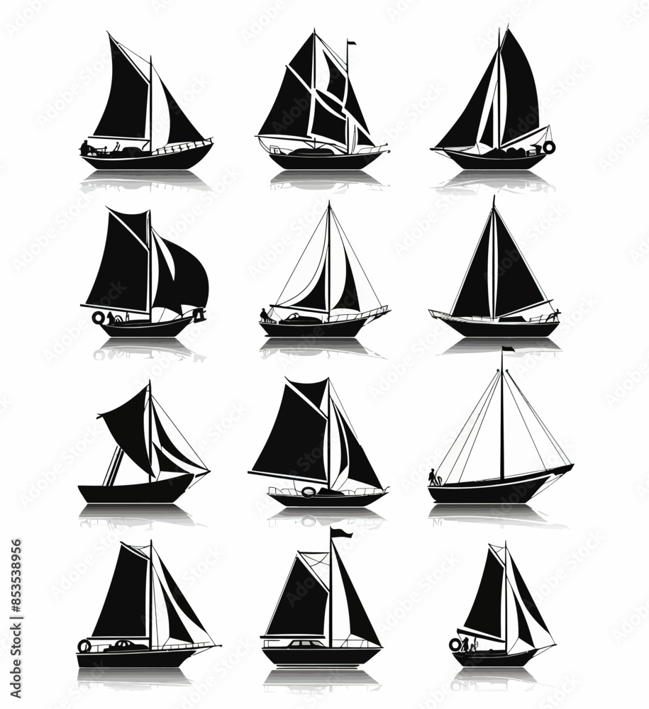 Black and White Illustration of Sailboats in Various Positions Black and White Illustration of Sailboats in Various Positions