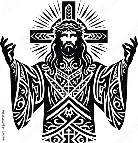  jesus silhouete with Polynesian ethnic pattern illustration