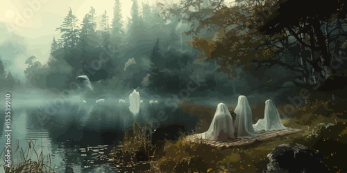 Misty Forest Scene with Ghostly Figures and Calm Lake