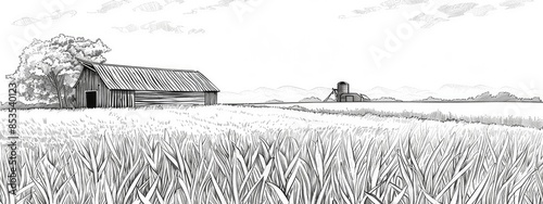 Panoramic view of an agricultural field with wheat in the background and a wooden barn. Sketch illustration.