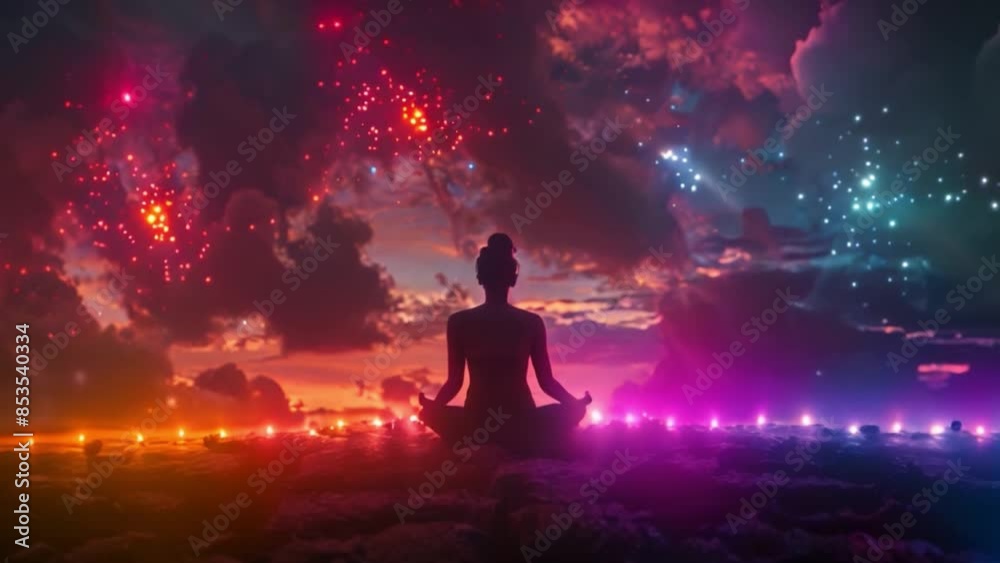 A yoga practitioner In silhouette, meditating meditating in a lotus pose with a peaceful and spiritual vibe A yoga practitioner In silhouette, meditating meditating in a lotus pose with a peaceful and spiritual vibe