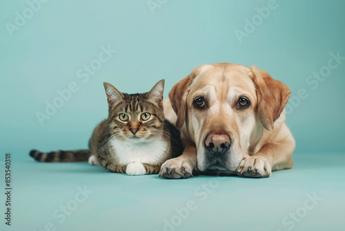 a cat and a dog sitting together looking at the camera isolated in front of a turquoise background photo