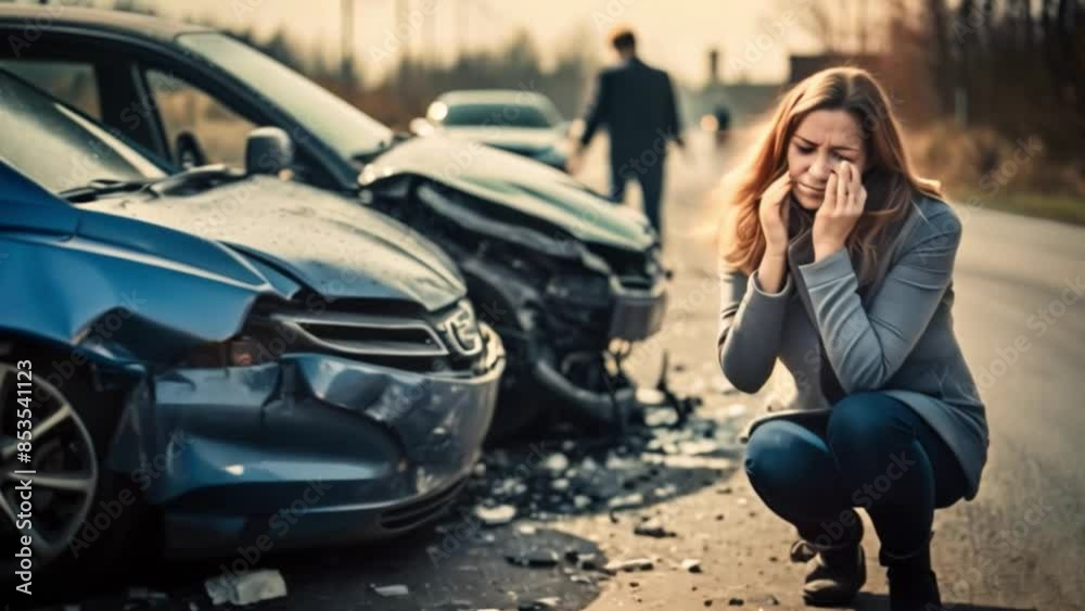 a female driver gets into an automobile accident, she calls for help from the roadside or from her insurance provider while she is still driving. a female driver gets into an automobile accident, she calls for help from the roadside or from her insurance provider while she is still driving.