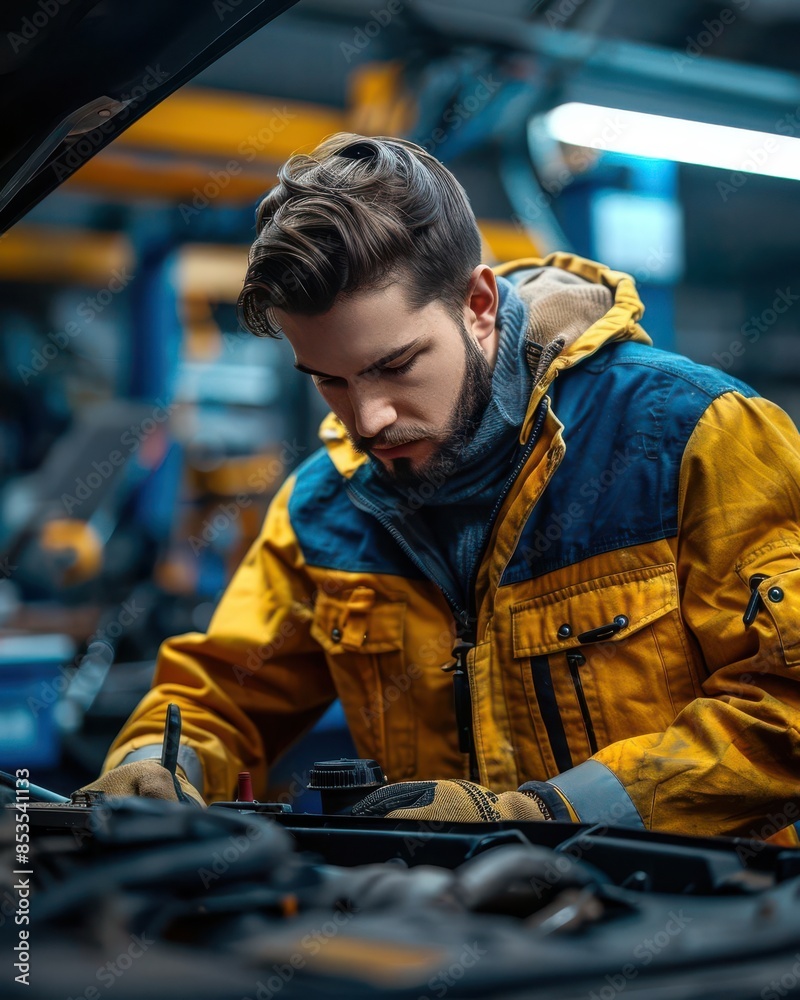 Skilled mechanic working in a busy garage, repairing a car with tools and equipment around Skilled mechanic working in a busy garage, repairing a car with tools and equipment around