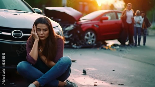 A female motorist has a car accident asking for roadside assistance or an insurance company standing on the road after a car accident.	
