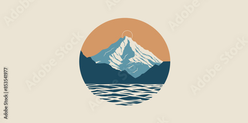 Stylized Illustration of a Mountainous Landscape with a Sunset and a Body of Water