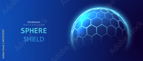 Ai globe ball protect concept. Sphere shield background. Dome barrier technology vector. Cyber protection hexagon shield futuristic design.