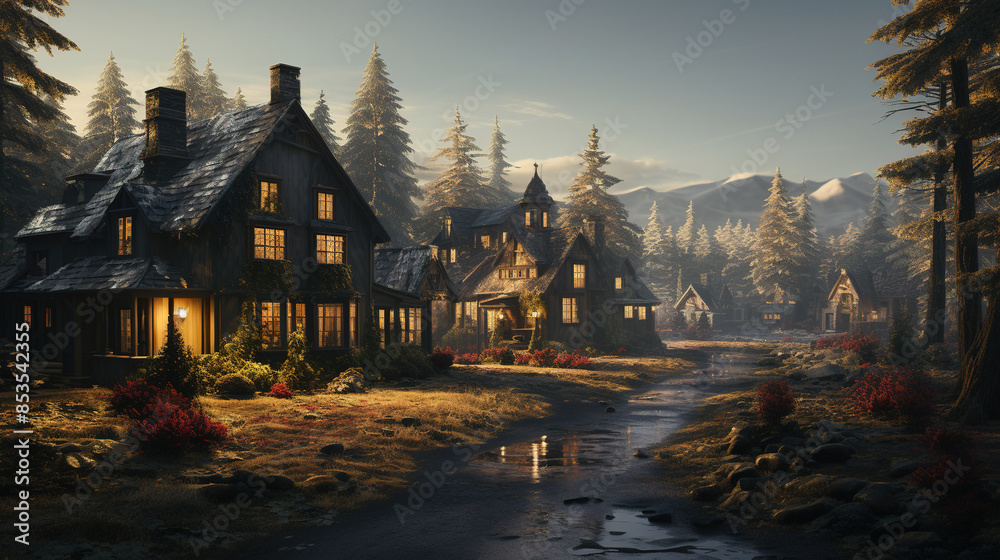 Obraz premium A Beautiful Landscape Of The Peaceful Village With Mountains and Mud Pathway Background