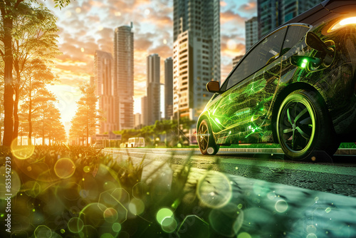 An electric car driving through a green energy-powered city. Electric Car