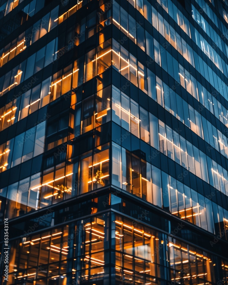 Fototapeta premium An office building exterior at night, illuminated with lights shining from the windows, creating a warm and inviting atmosphere