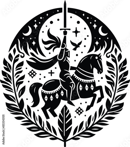 knight crusaders in silhouete with bohemian nature pattern illustration