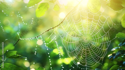 arafed spider web with water droplets on it in the sunlight