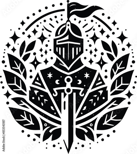 knight crusaders in silhouete with bohemian nature pattern illustration