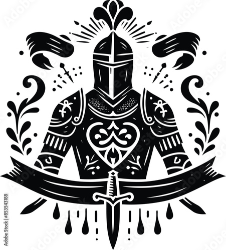 knight crusaders in silhouete with bohemian nature pattern illustration