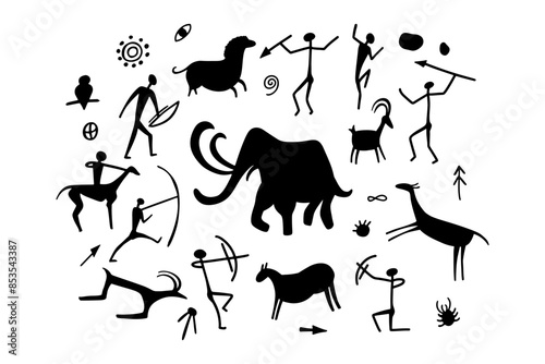 Cave silhouettes of early humans, accompanied by horses, deer, and bulls, captured in the style of ancient rock paintings. Prehistoric drawing on walls, ancient symbols in vector illustration
