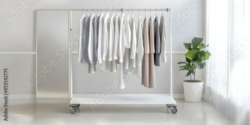 Neat dry cleaning business with clothes rack in front and equipment in back. Concept Dry Cleaning Business, Clothes Rack Display, Laundry Equipment Setup, Neat Interior Design © Anastasiia