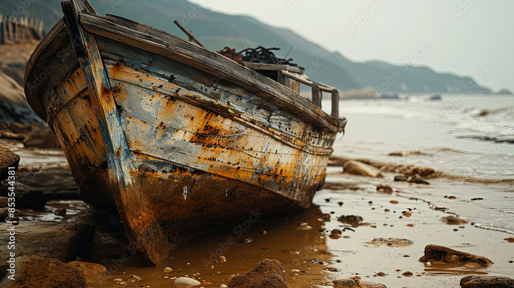 Oil Painting Of On The Muddy Beach There Is A Mottled Old Fishing Boat Landscape Background Oil Painting Of On The Muddy Beach There Is A Mottled Old Fishing Boat Landscape Background