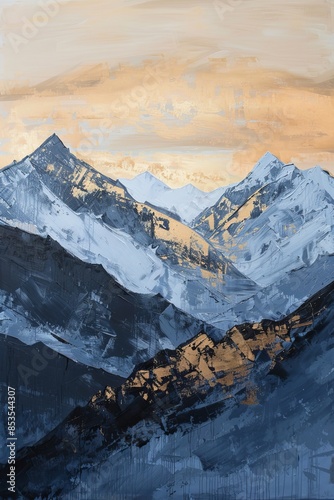 mountains are light, grey and metallic, in the style of enigmatic tropics, dark sky-blue and light beige, oku art, golden palette, flat yet expressive,  photo