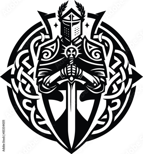 knight crusaders in silhouete with celtic knot pattern illustration