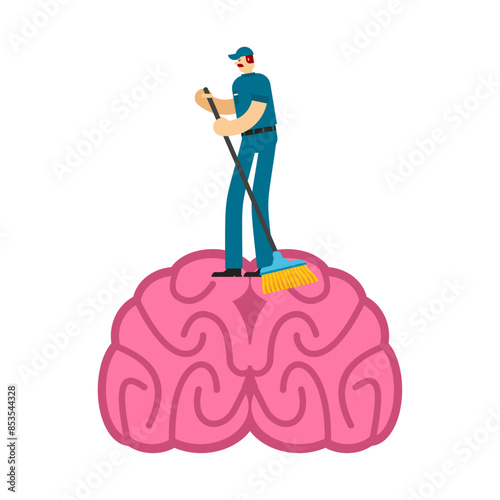 Cleaning brain. Cleaner sweeps brains. Clean head concept