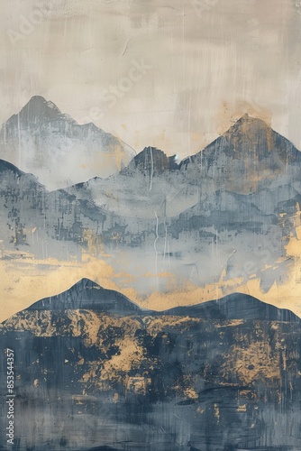 mountains are light, grey and metallic, in the style of enigmatic tropics, dark sky-blue and light beige, oku art, golden palette, flat yet expressive,  photo