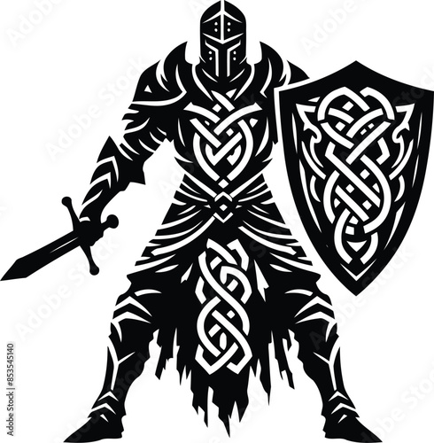 knight crusaders in silhouete with celtic knot pattern illustration