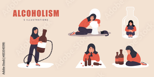 Alcoholism concept. Set of depressed arab female characters with alcohol addiction. Booze concept. Dangerous Habits. People suffering from hard drinking. Vector illustration in flat cartoon style.