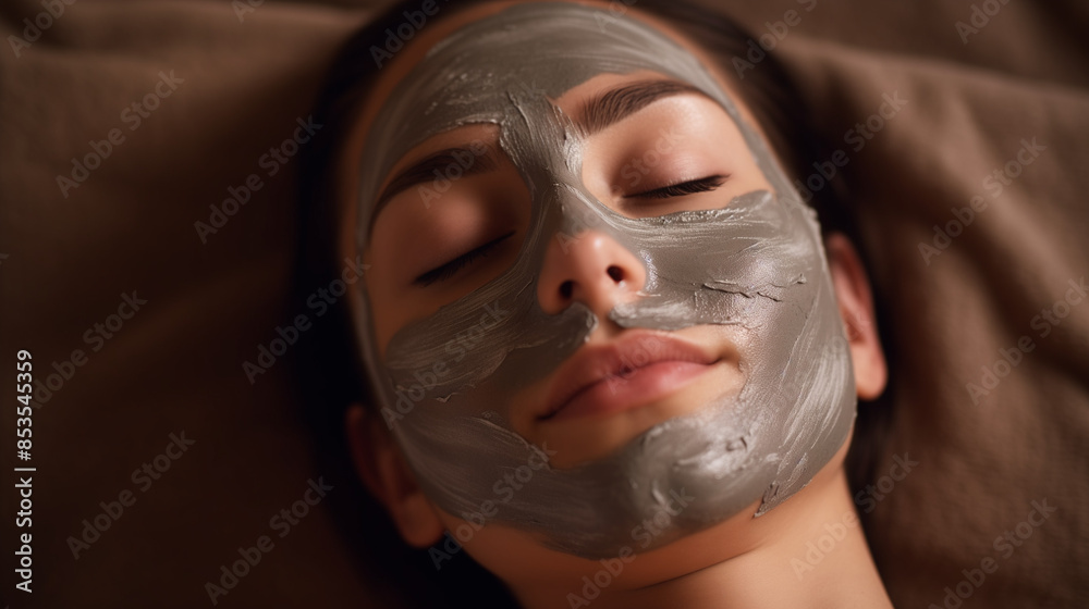 Relaxed Woman with Clay Face Mask, Spa Treatment, Self-Care Routine Relaxed Woman with Clay Face Mask, Spa Treatment, Self-Care Routine