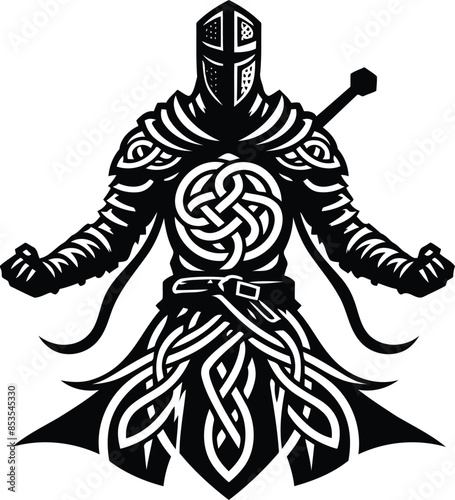 knight crusaders in silhouete with celtic knot pattern illustration