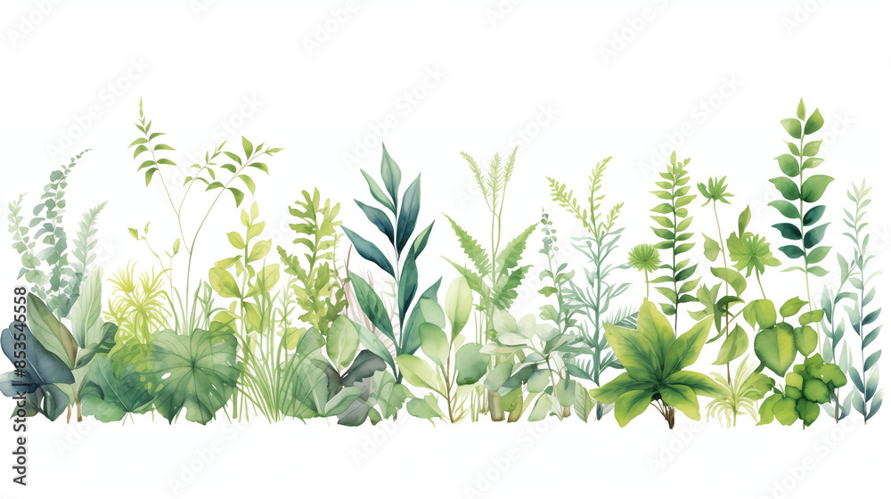 Watercolor Botanical Illustration, Various Green Plants, Nature Art Watercolor Botanical Illustration, Various Green Plants, Nature Art
