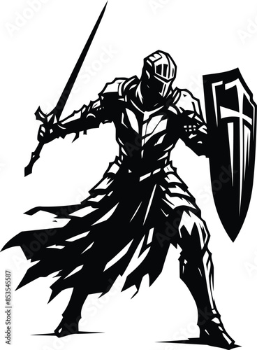 knight crusaders silhouete with cyberpunk pattern illustration