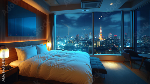 夜景の見えるホテルのベッドルーム © Hiroyuki