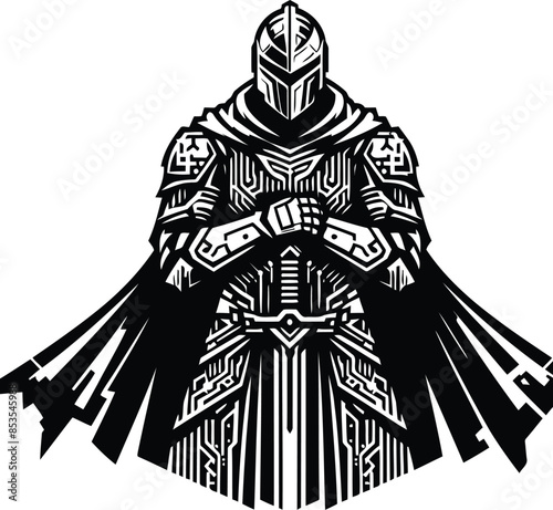 knight crusaders silhouete with cyberpunk pattern illustration