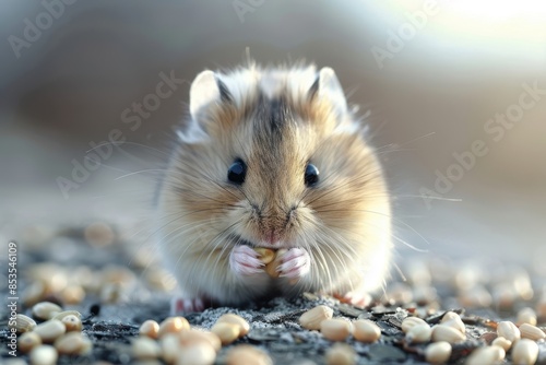 Adorable Hamster Eating Seeds in Natural Setting with Soft Focus Background and Warm Lighting