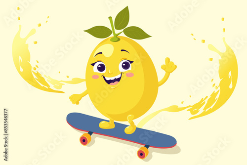 Vector illustration of a cheerful laughing lemon cartoon character riding a skateboard, pointing his finger at something. 

