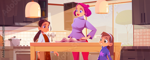 Mother with children read recipe book in kitchen. Home room interior with oven, sink, modular cupboard and cooking equipment design. Household and family together indoor in apartment illustration