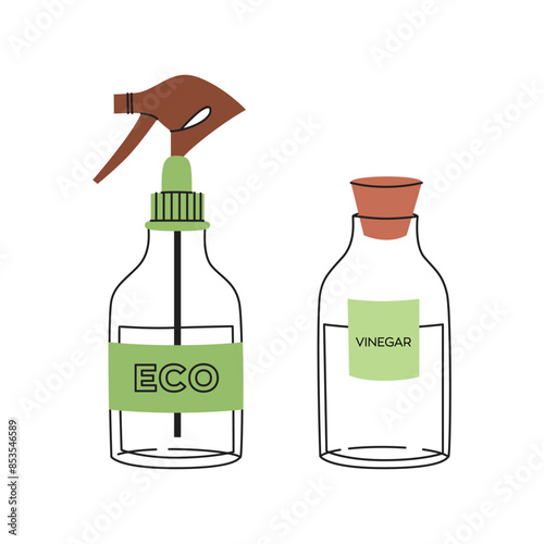 Eco-friendly cleaning products. Flat vector illustration of homemade green cleaner ingredients. Green housework stuff. Zero waste housekeeping concept.