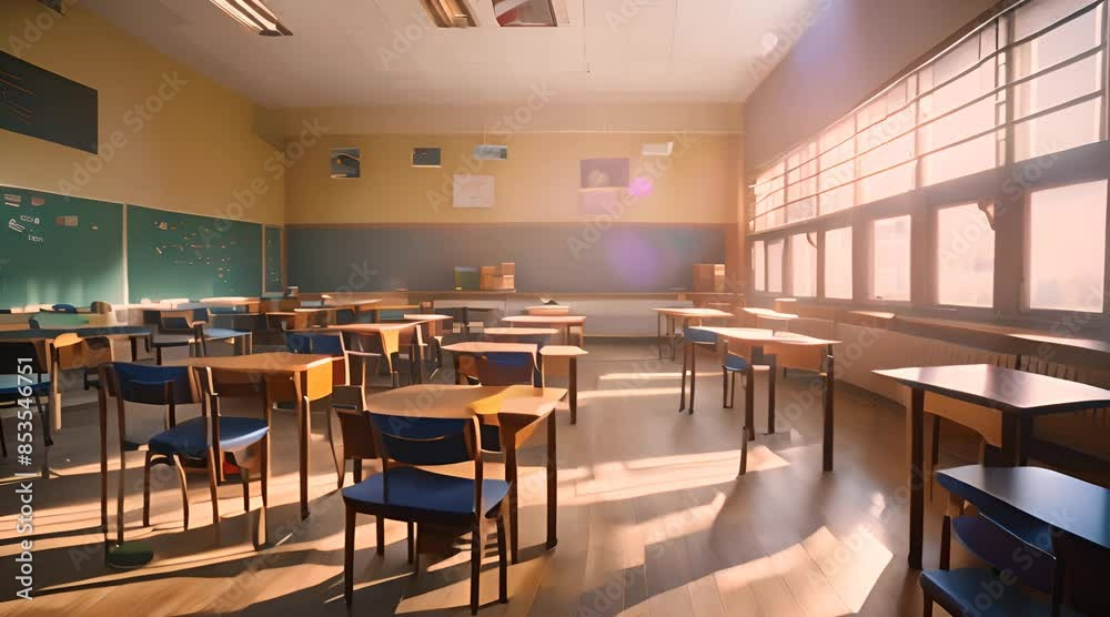 Back to school, in class, Bright classroom with colorful posters, sunlight streaming through large windows