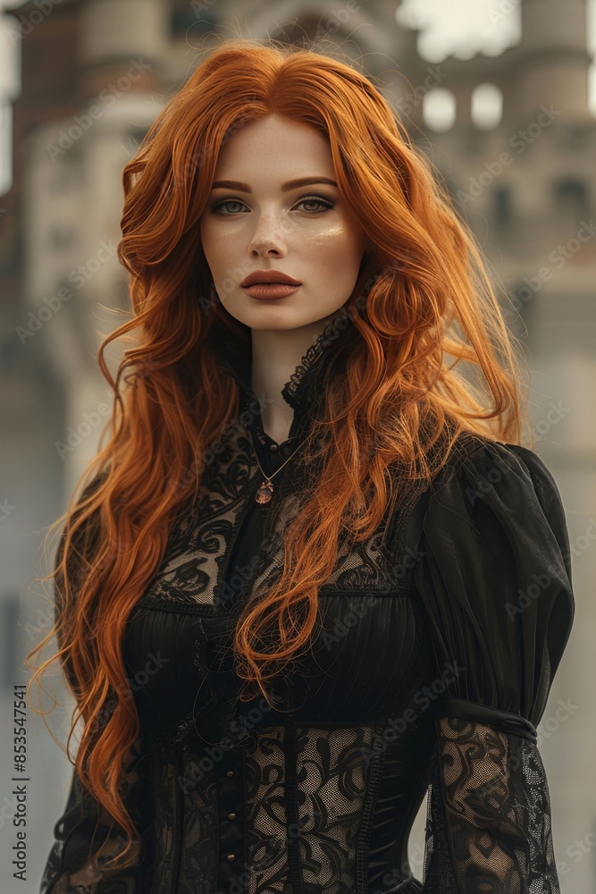 A red-haired woman of 30-35 years old, a vampire, of full build, stands tall with a closed smile, looks at the camera, in a Gothic outfit against the background of a castle 